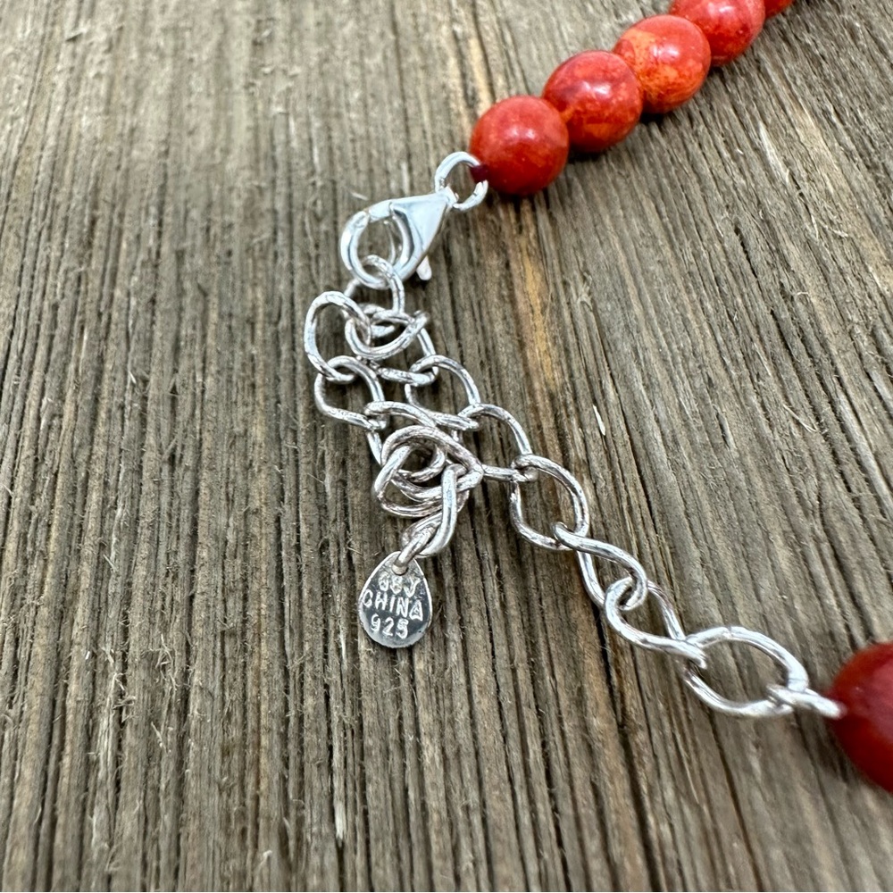 Red Sponge Coral Chunky Heart Beaded 925 Sterling Silver Necklace - Picture 2 of 6